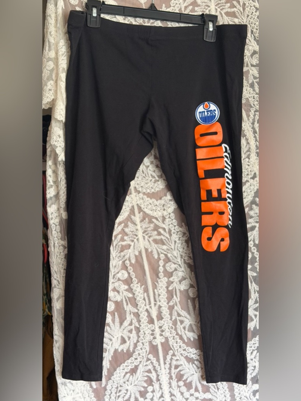 NHL Black Leggings with Orange Oilers Logo
